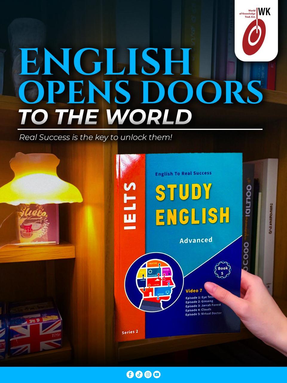 Young student studying advanced English and IELTS preparation book at home